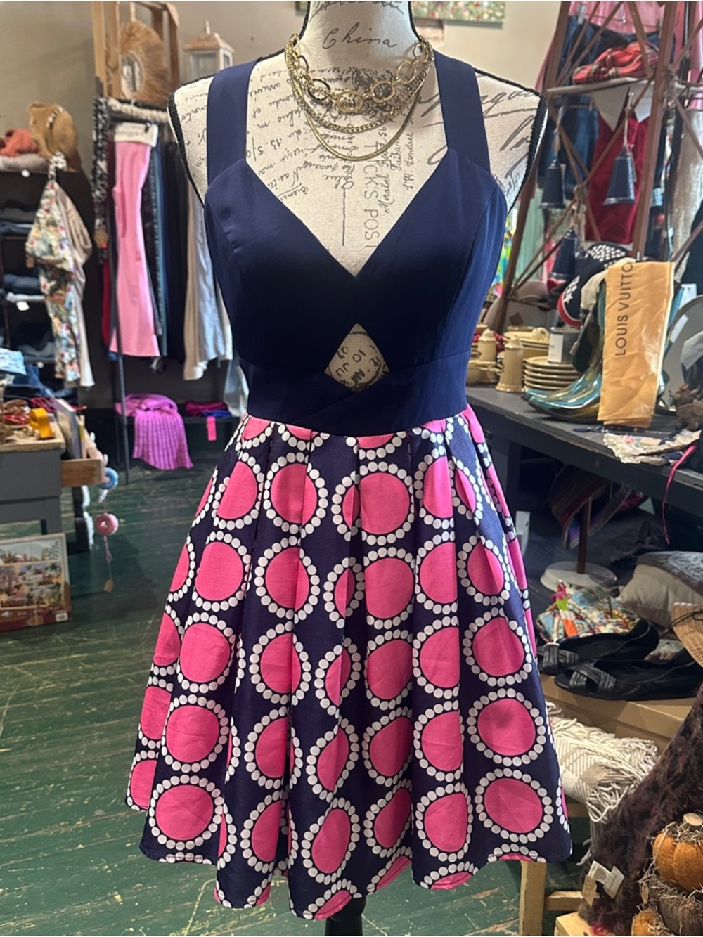 Ark & Co Navy and Hot Pink Backless Fit & Flare Dress